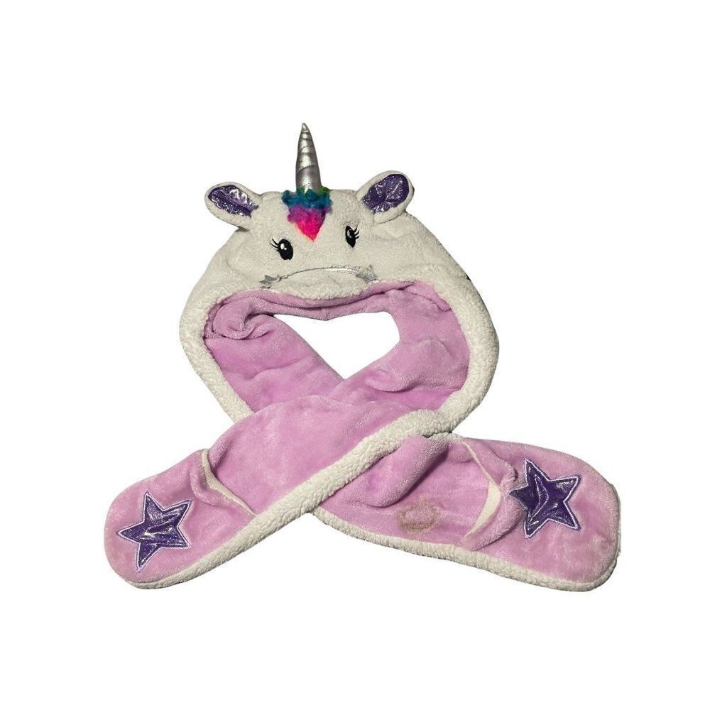 Rainbow Girls Purple White Unicorn Trapper Hat and Mitten Set All In One Size S